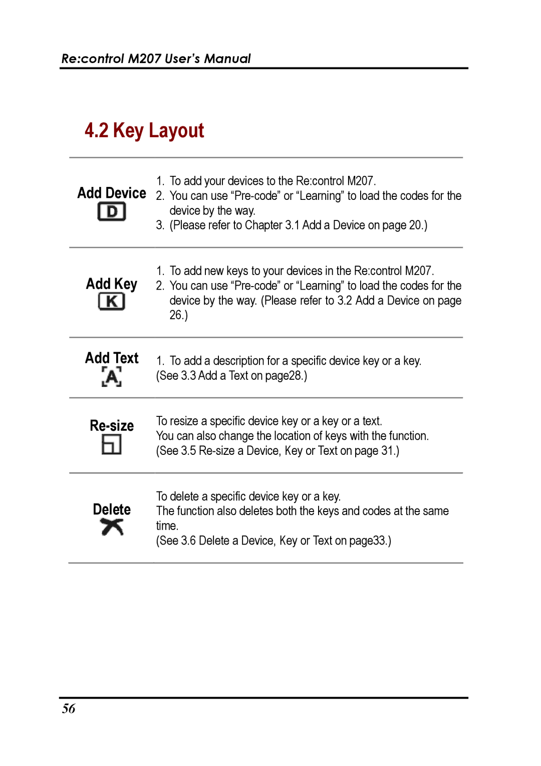 Revox Recontrol M207 user manual Key Layout, Add Text, Re-size, Delete 