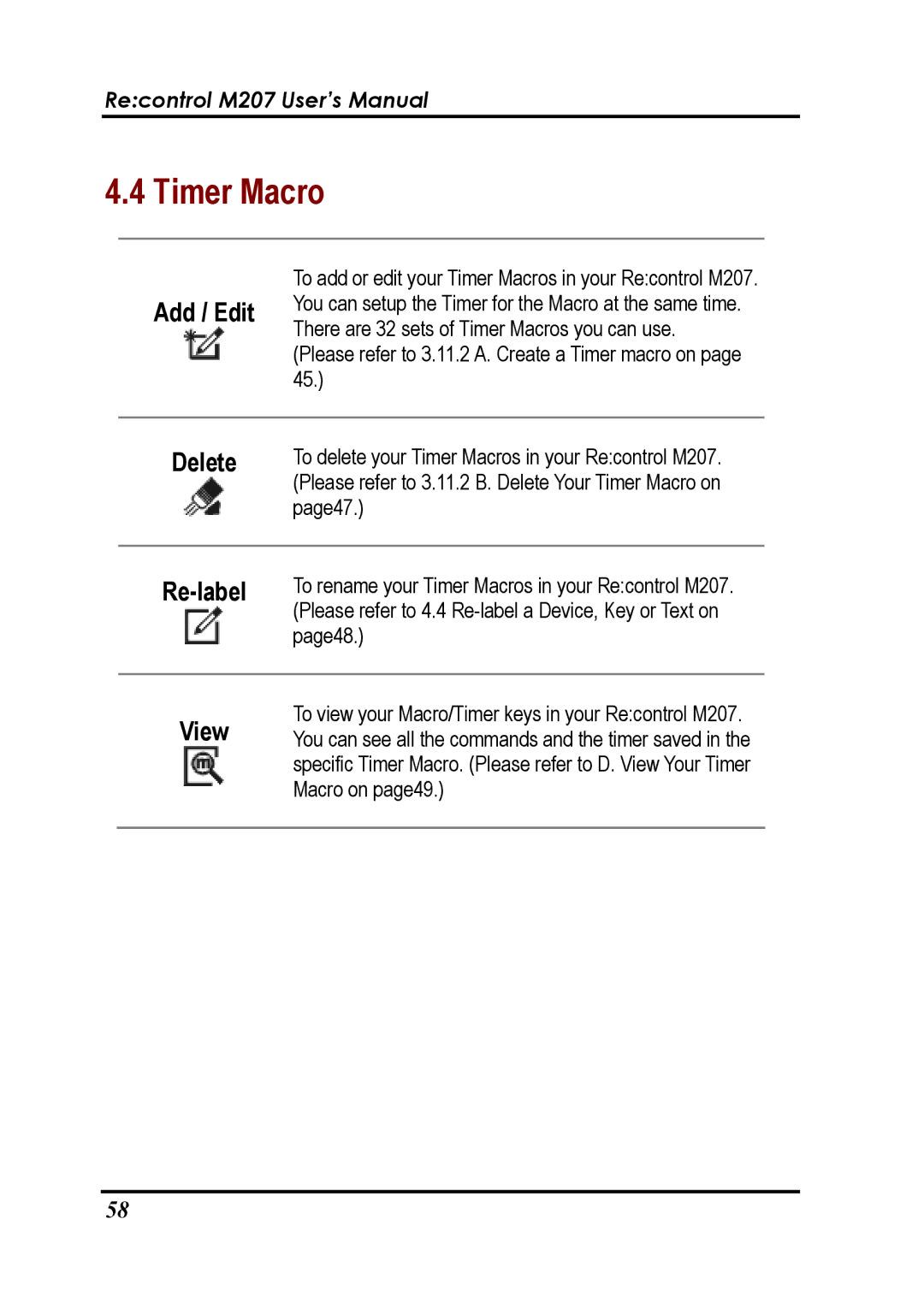 Revox Recontrol M207 user manual Timer Macro, Re-label, View 