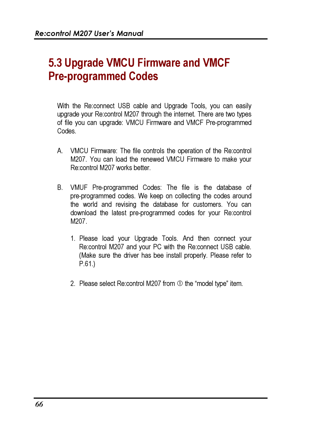 Revox Recontrol M207 user manual Upgrade Vmcu Firmware and Vmcf Pre-programmed Codes 