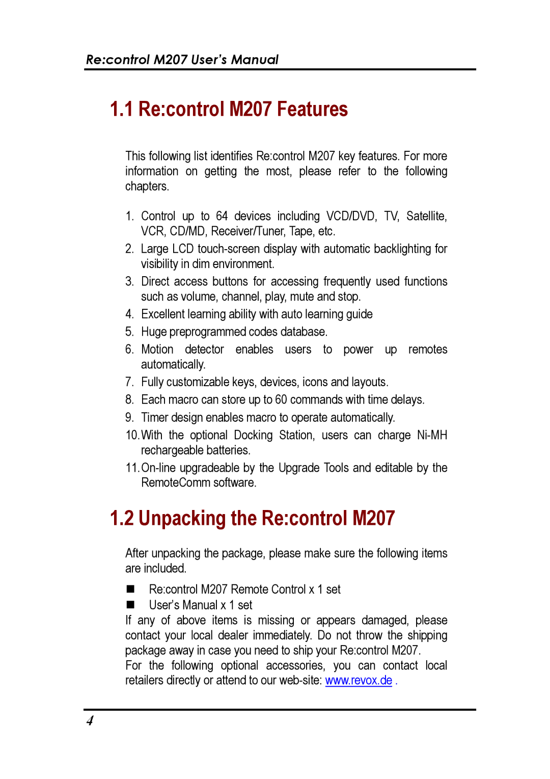 Revox user manual Recontrol M207 Features, Unpacking the Recontrol M207 