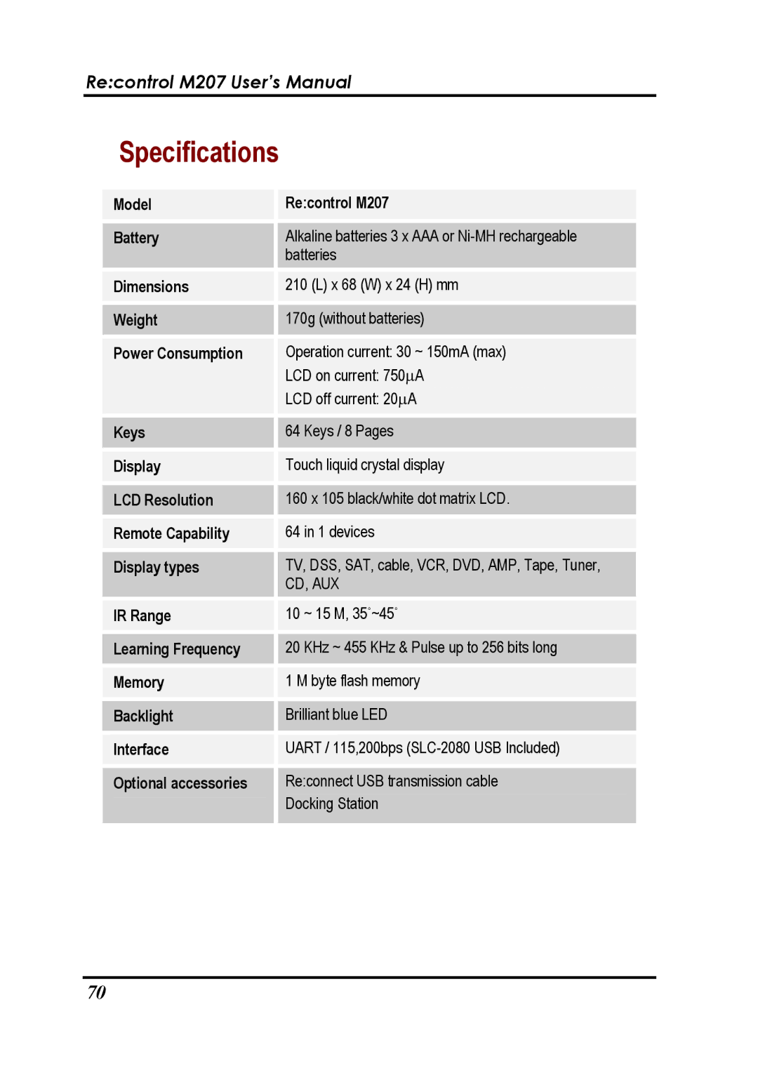 Revox Recontrol M207 user manual Specifications, Cd, Aux 