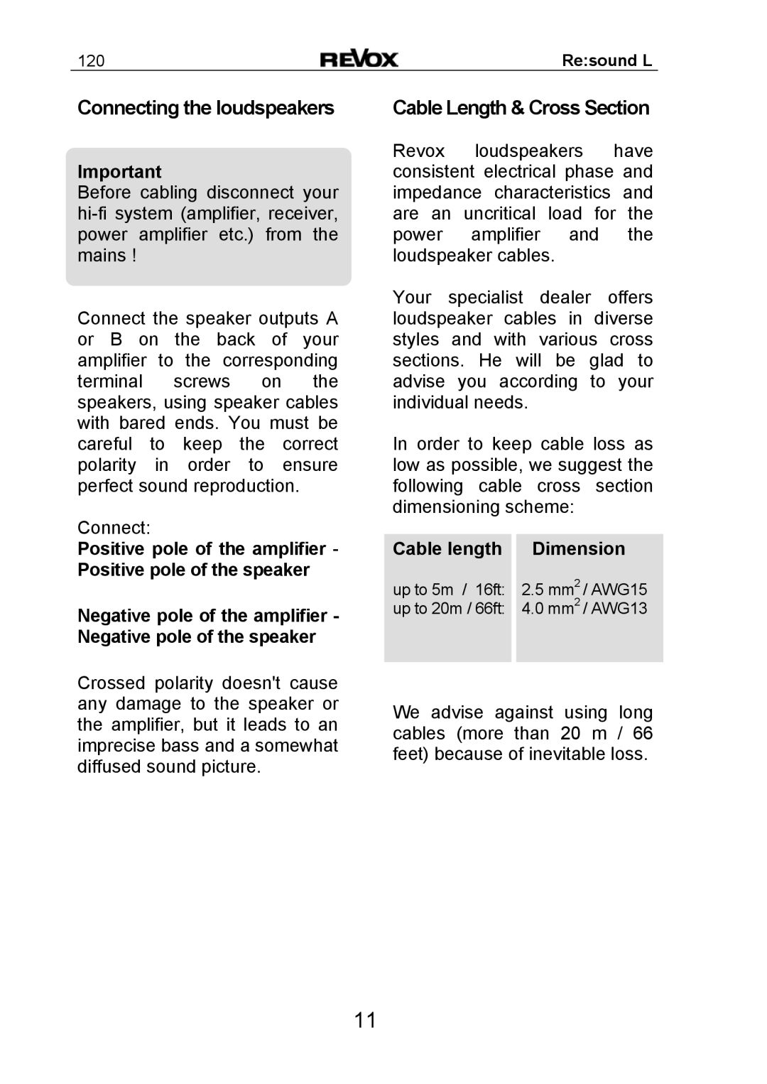 Revox Re:sound L 120 manual Connecting the loudspeakers, Cable Length & Cross Section, Cable length Dimension 