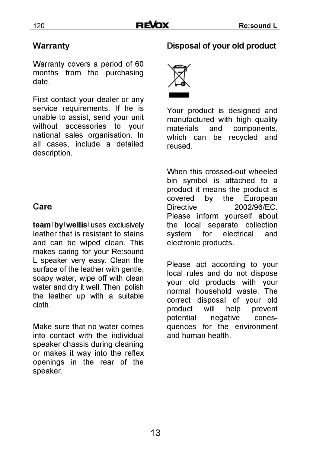 Revox Re:sound L 120 manual Warranty, Care, Disposal of your old product 