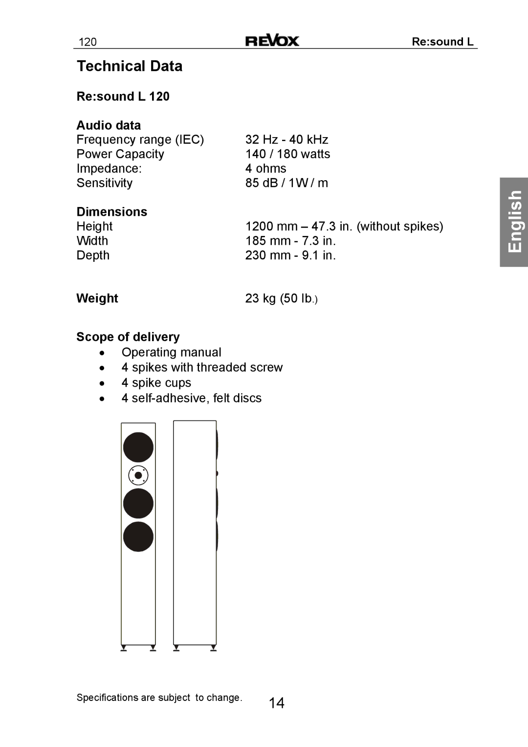 Revox Re:sound L 120 manual Resound L Audio data, Dimensions, Weight, Scope of delivery 