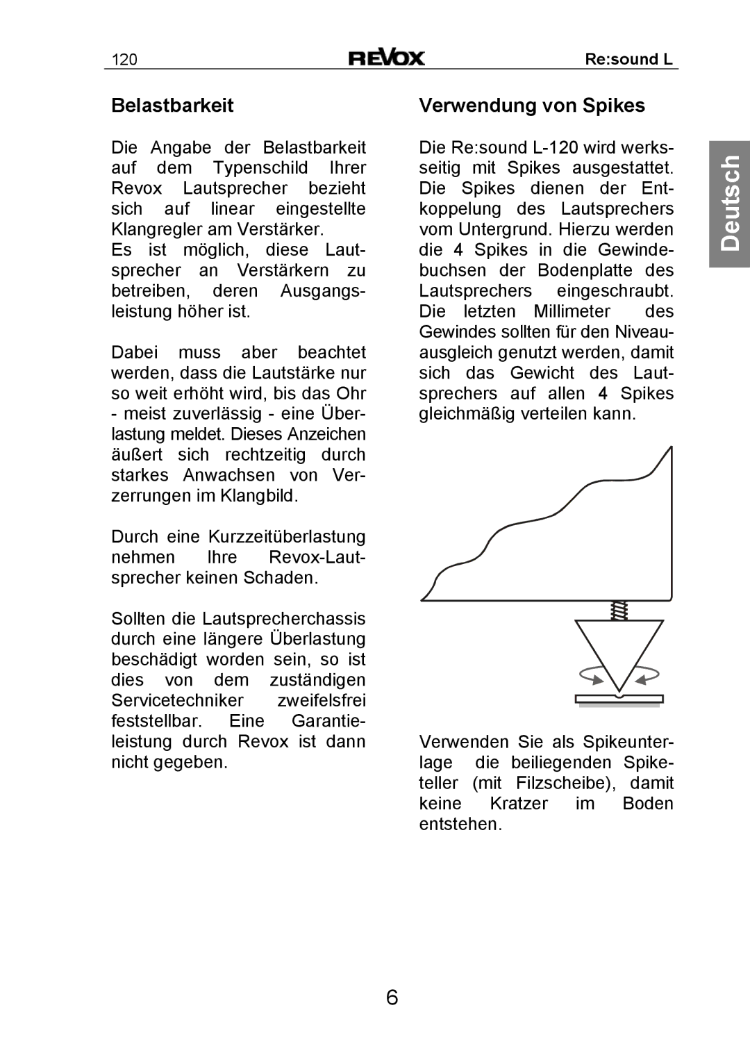 Revox Re:sound L 120 manual Belastbarkeit, Verwendung von Spikes 