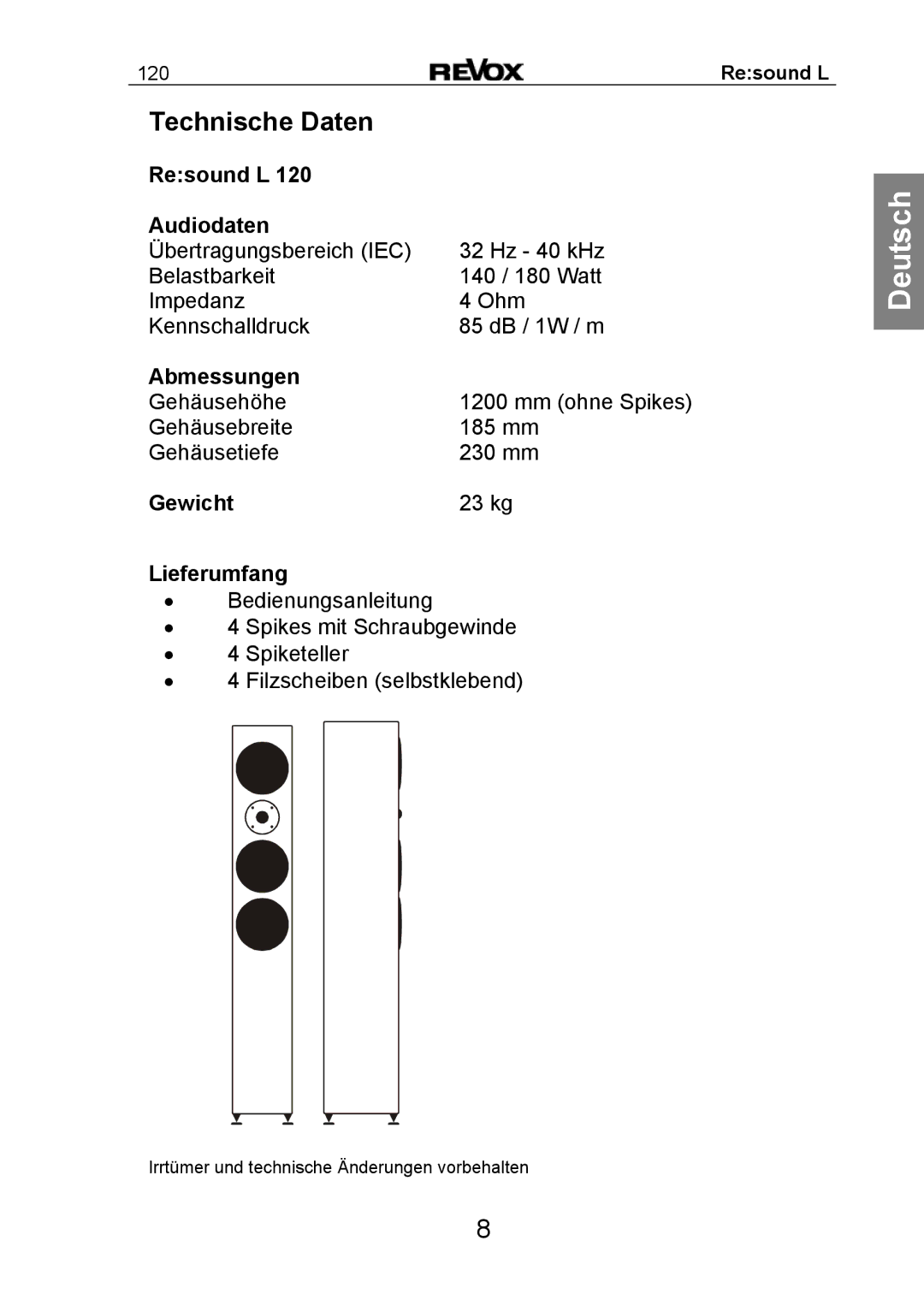 Revox Re:sound L 120 manual Resound L Audiodaten, Abmessungen, Gewicht, Lieferumfang 