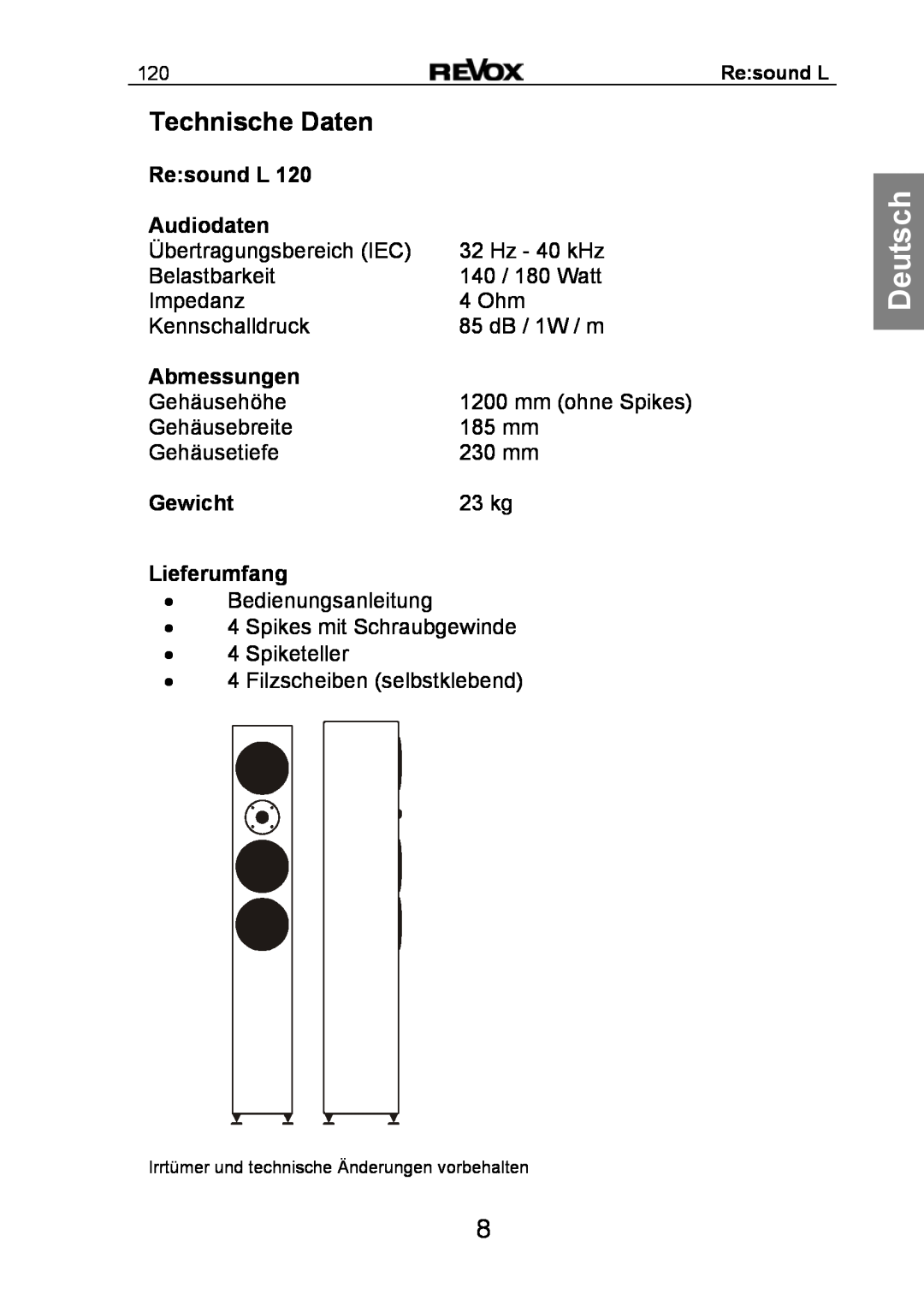 Revox Re:sound L 120 manual Technische Daten, Re sound L, Audiodaten, Abmessungen, Gewicht, Lieferumfang, Deutsch 