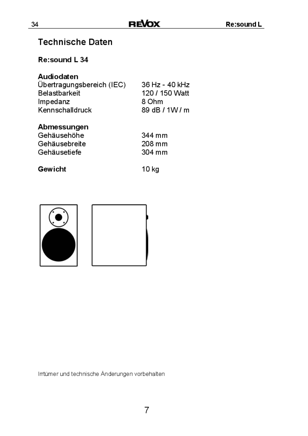 Revox Re:sound L 34 manual Technische Daten, Resound L Audiodaten, Abmessungen, Gewicht 