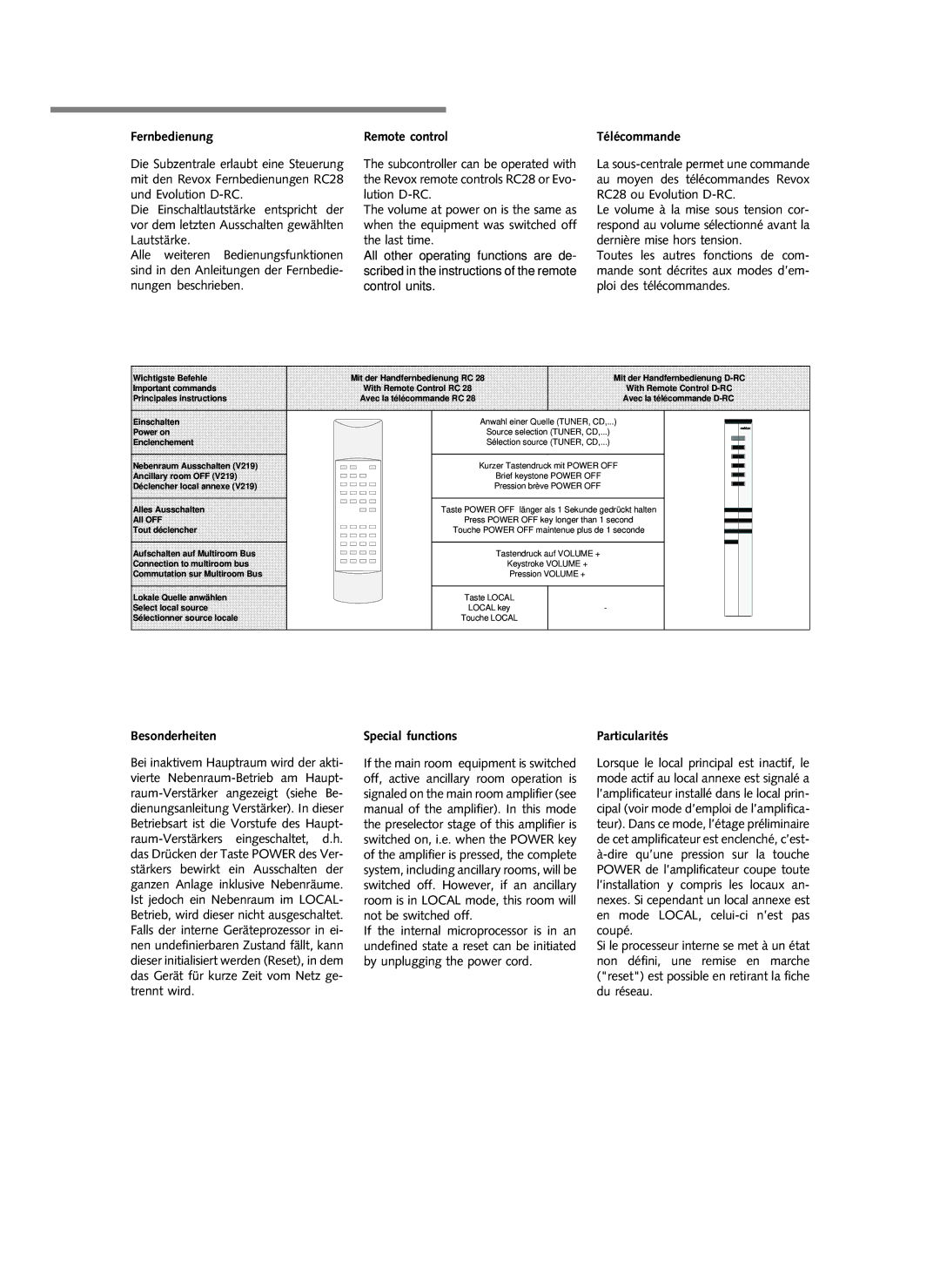 Revox V 209, V 219 manual Fernbedienung, Besonderheiten, Special functions, Particularités 