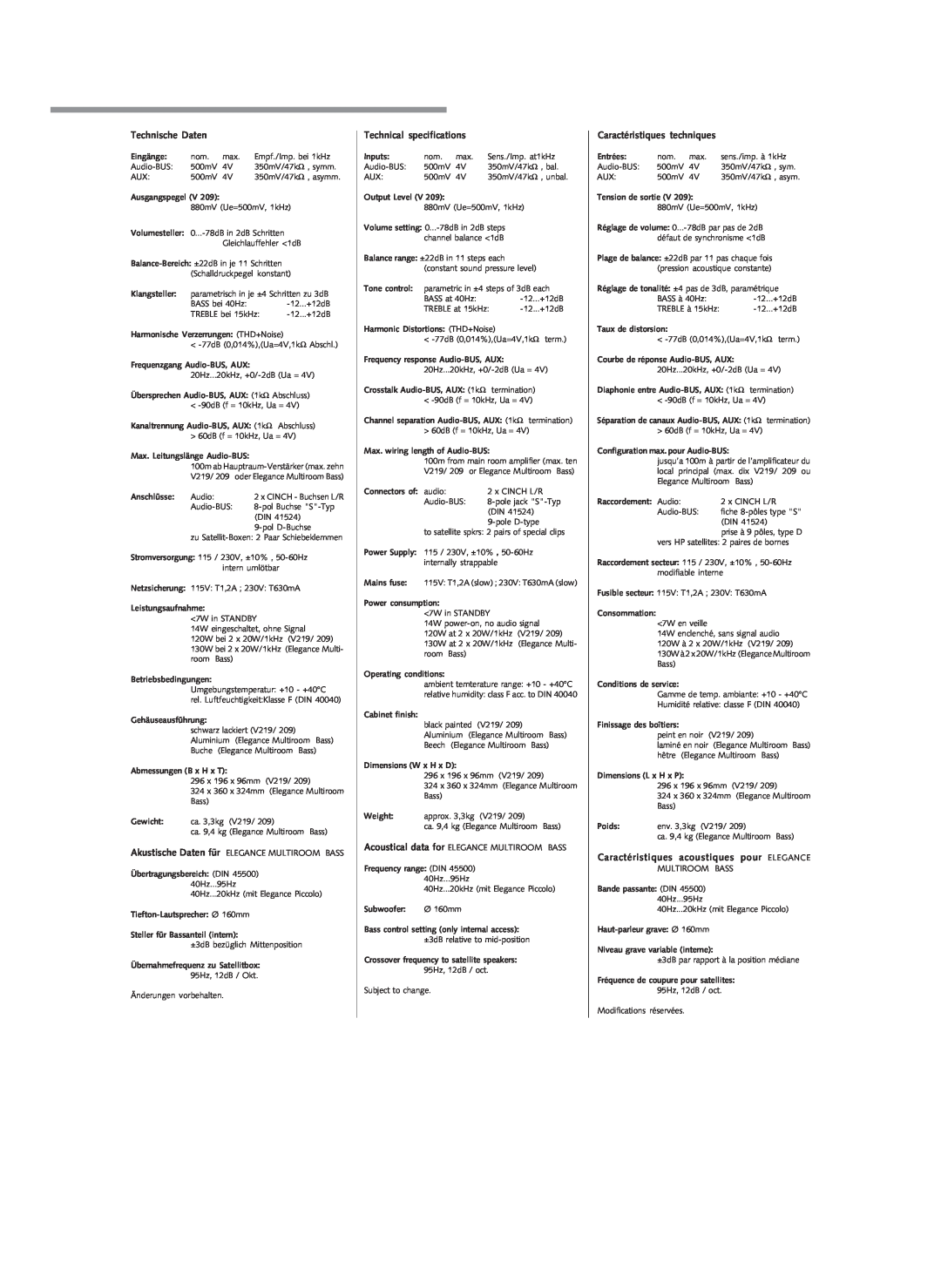 Revox V 219, V 209 manual Technische Daten, Technical specifications, Caractéristiques techniques 