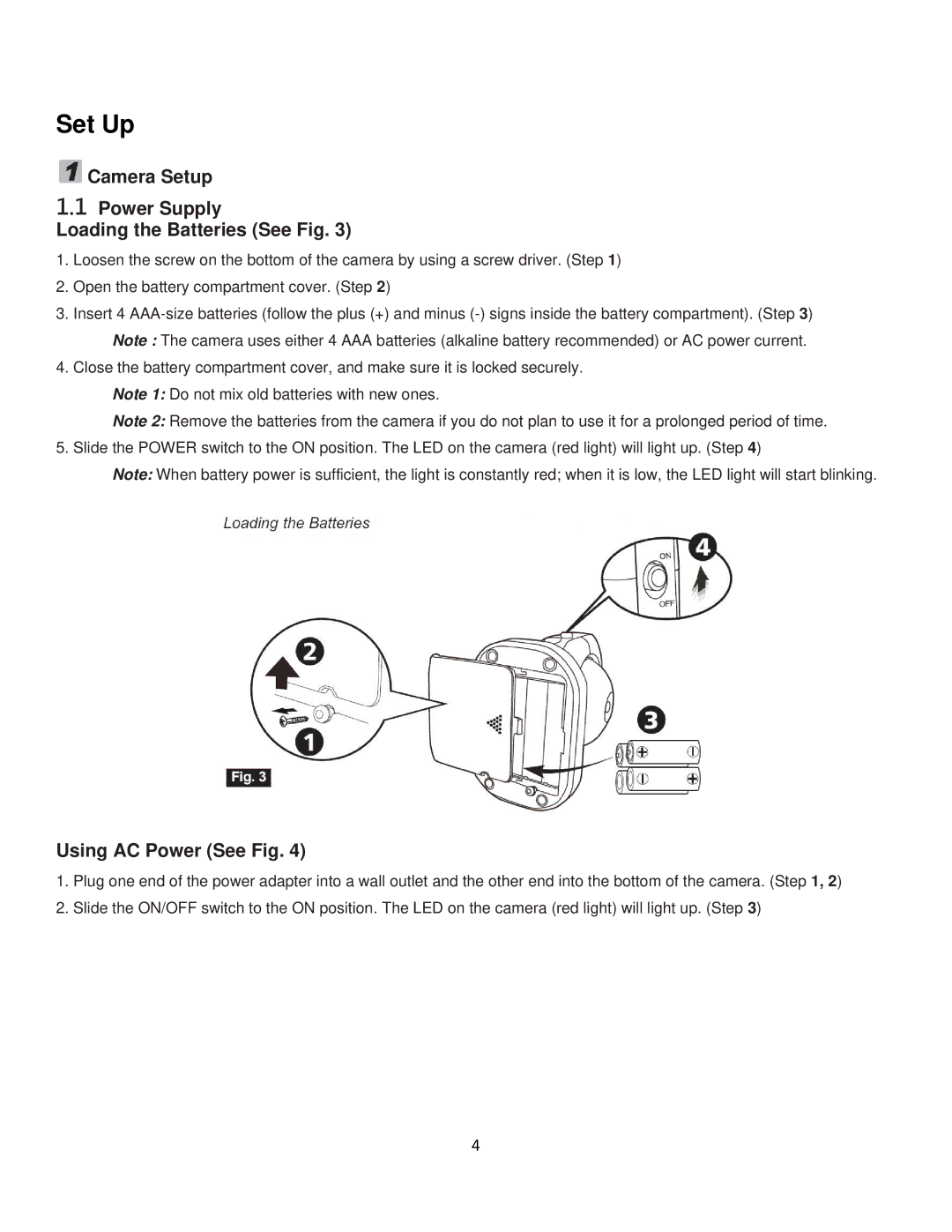 RF-Link Technology ABM-4161 user manual Camera Setup Power Supply Loading the Batteries See Fig, Using AC Power See Fig 