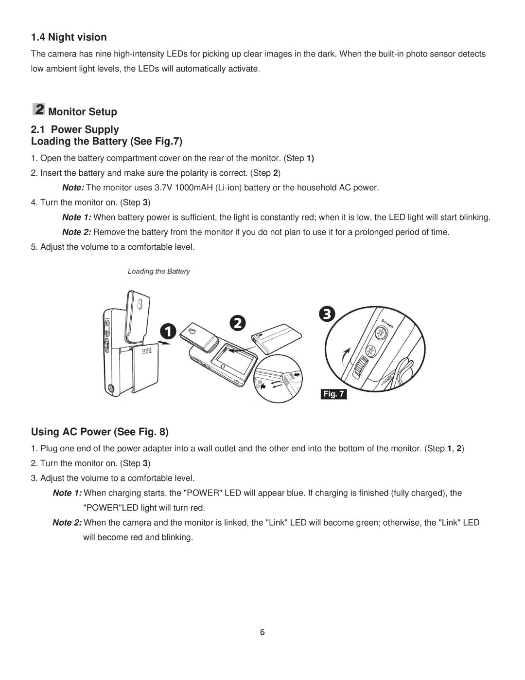 RF-Link Technology ABM-4161 user manual Night vision, Monitor Setup Power Supply Loading the Battery See 