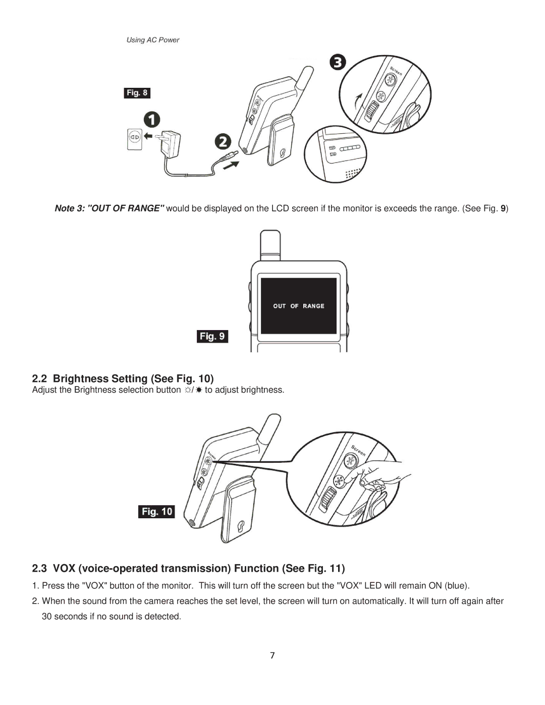 RF-Link Technology ABM-4161 user manual Brightness Setting See Fig, VOX voice-operated transmission Function See Fig 