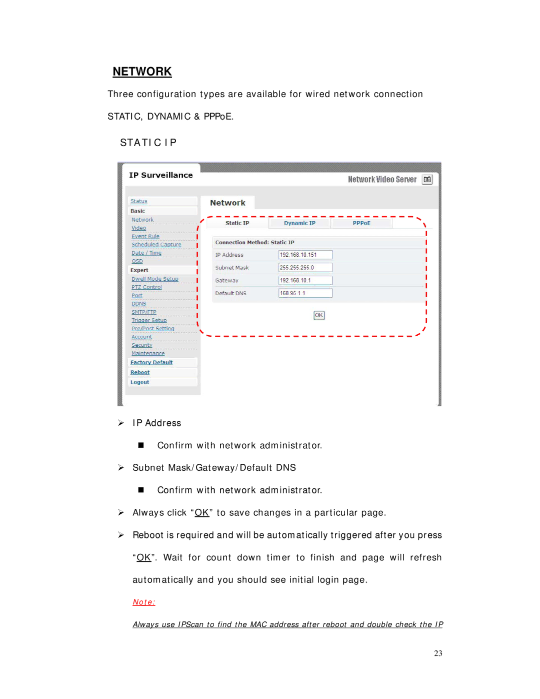 RF-Link Technology AWS-5832-VSR user manual Network, Static IP 