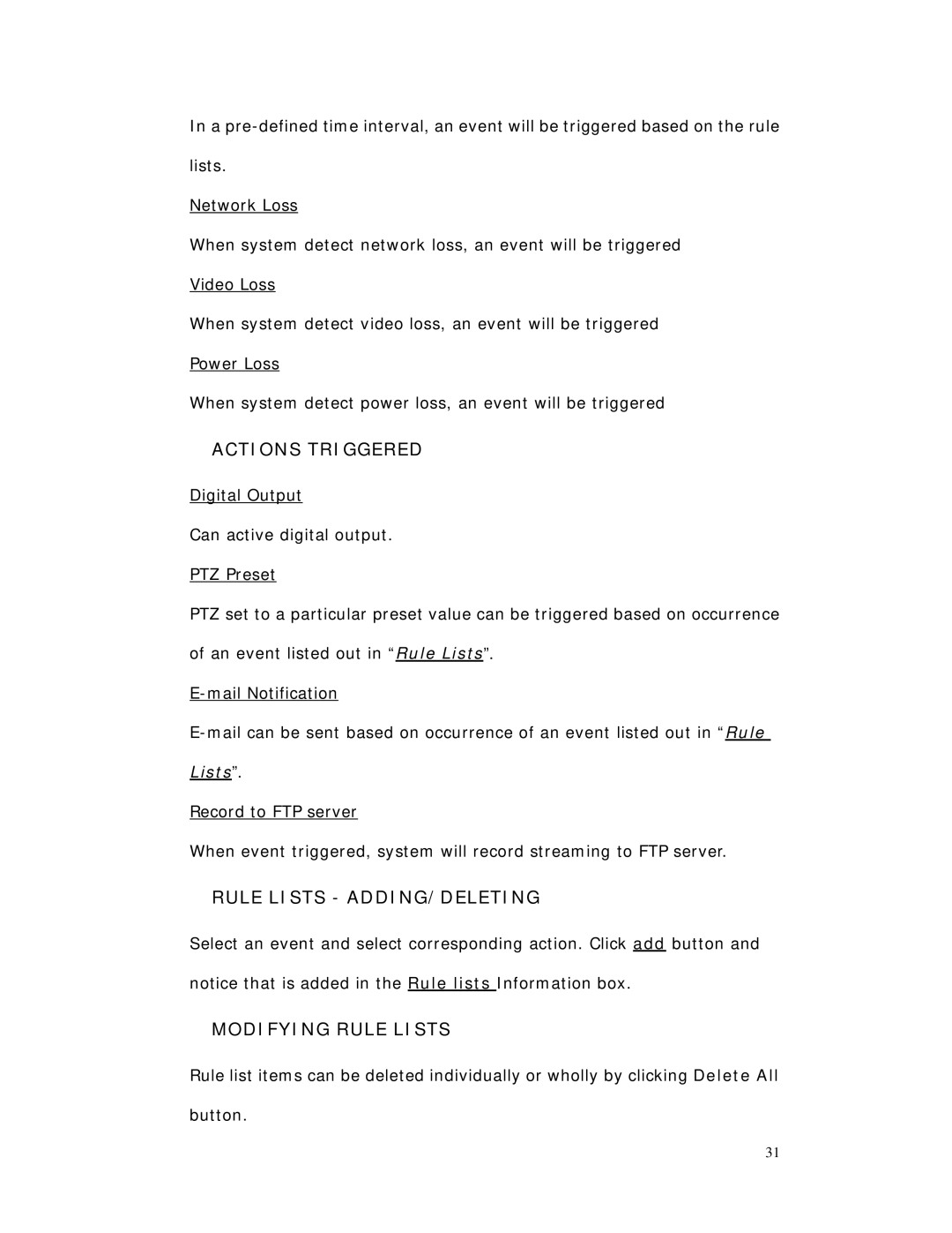 RF-Link Technology AWS-5832-VSR user manual Actions Triggered, Rule Lists ADDING/DELETING, Modifying Rule Lists 