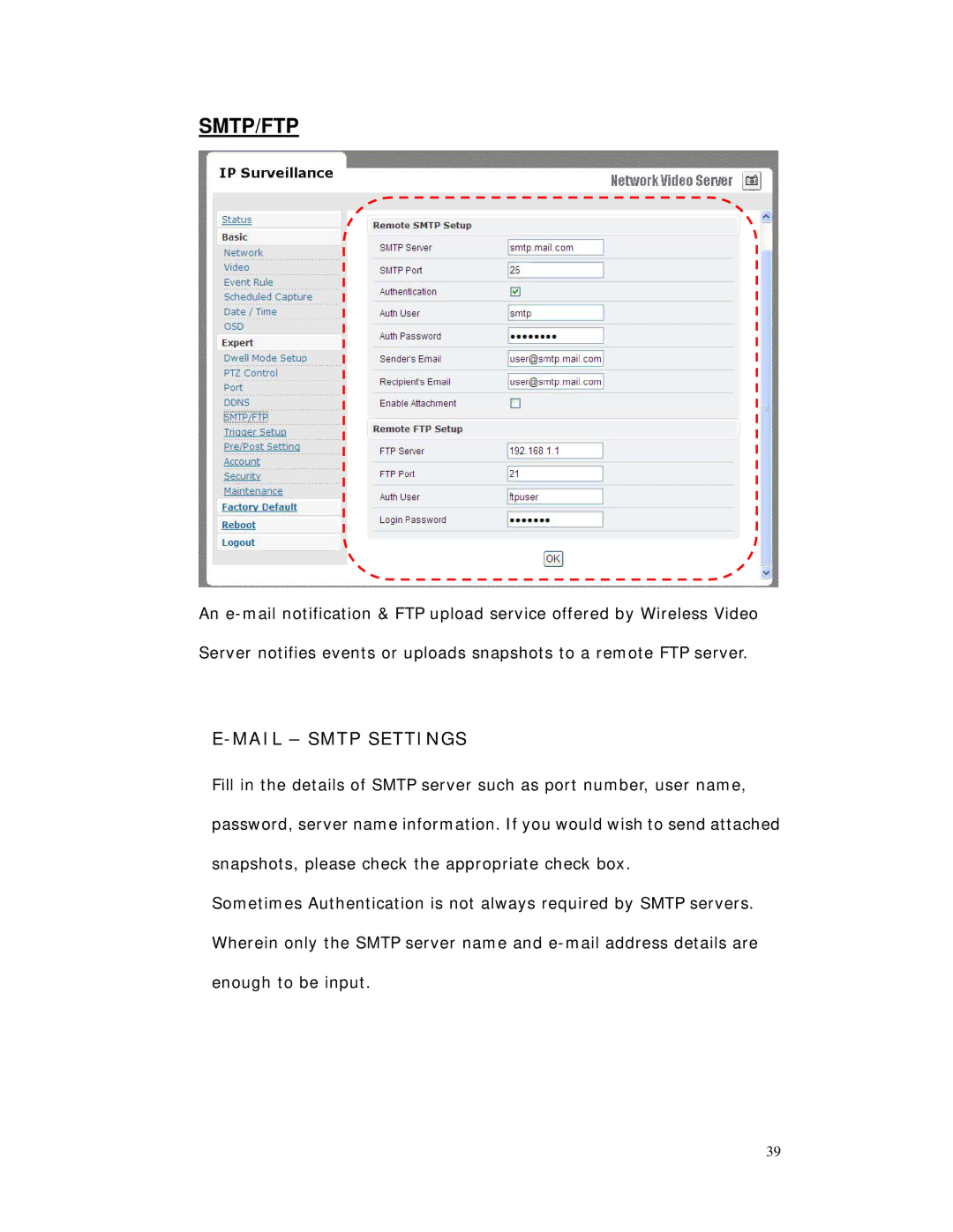 RF-Link Technology AWS-5832-VSR user manual Smtp/Ftp, Mail Smtp Settings 