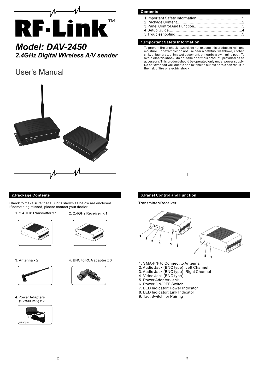 RF-Link Technology DAV-2450 setup guide Package Contents, Important Safety Information, Panel Control and Function 