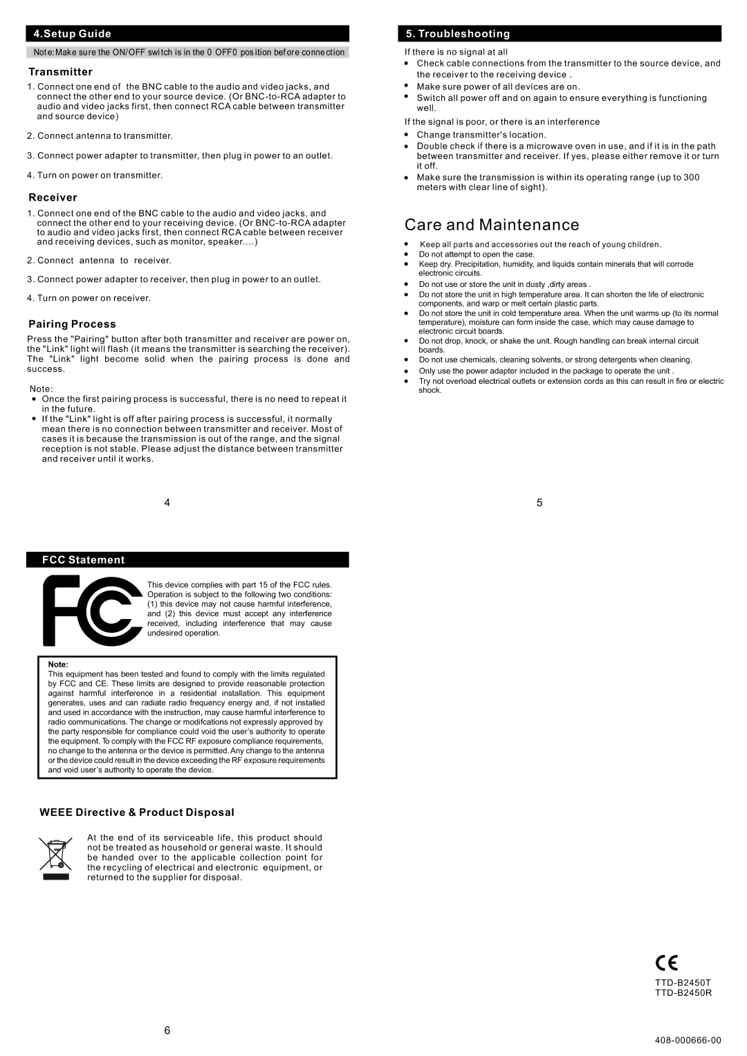 RF-Link Technology DAV-2450 setup guide Setup Guide, Troubleshooting, FCC Statement 