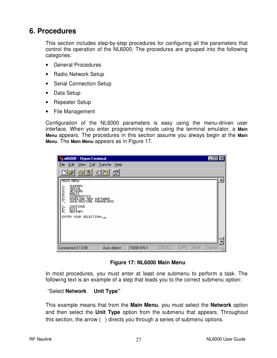 RF-Link Technology NL6000 manual Procedures, Select Network ä Unit Type 