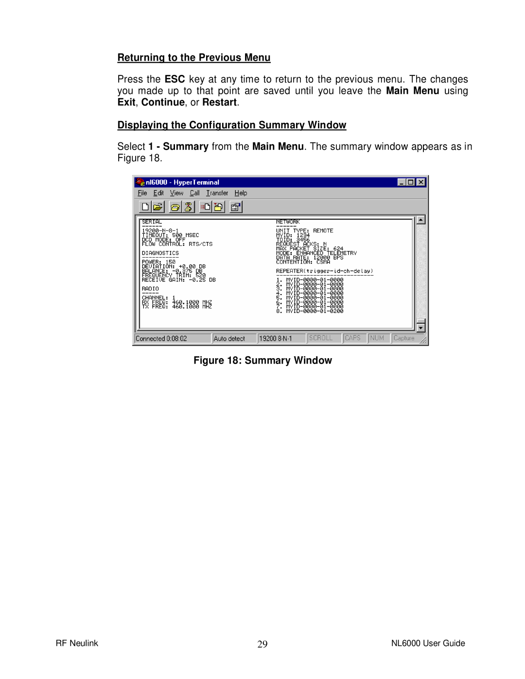 RF-Link Technology NL6000 manual Returning to the Previous Menu, Displaying the Configuration Summary Window 