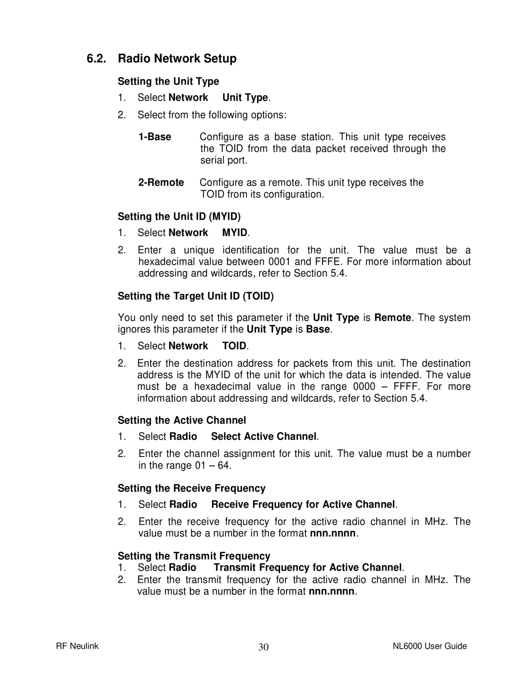 RF-Link Technology NL6000 Radio Network Setup, Setting the Unit Type Select Network ä Unit Type, Select Network ä Toid 