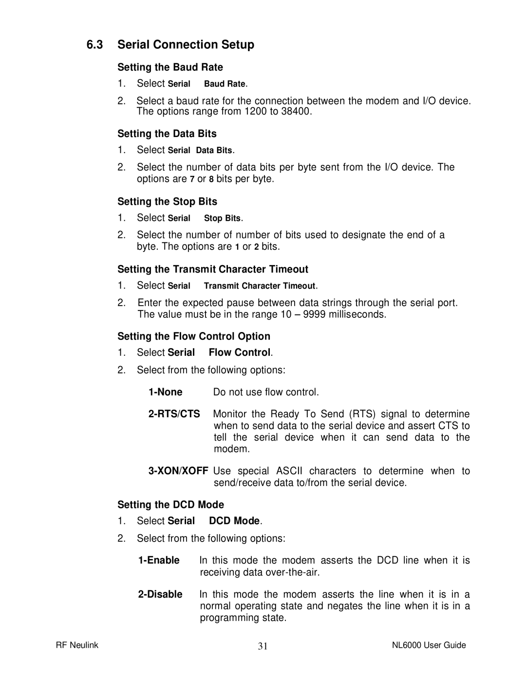 RF-Link Technology NL6000 manual Serial Connection Setup 