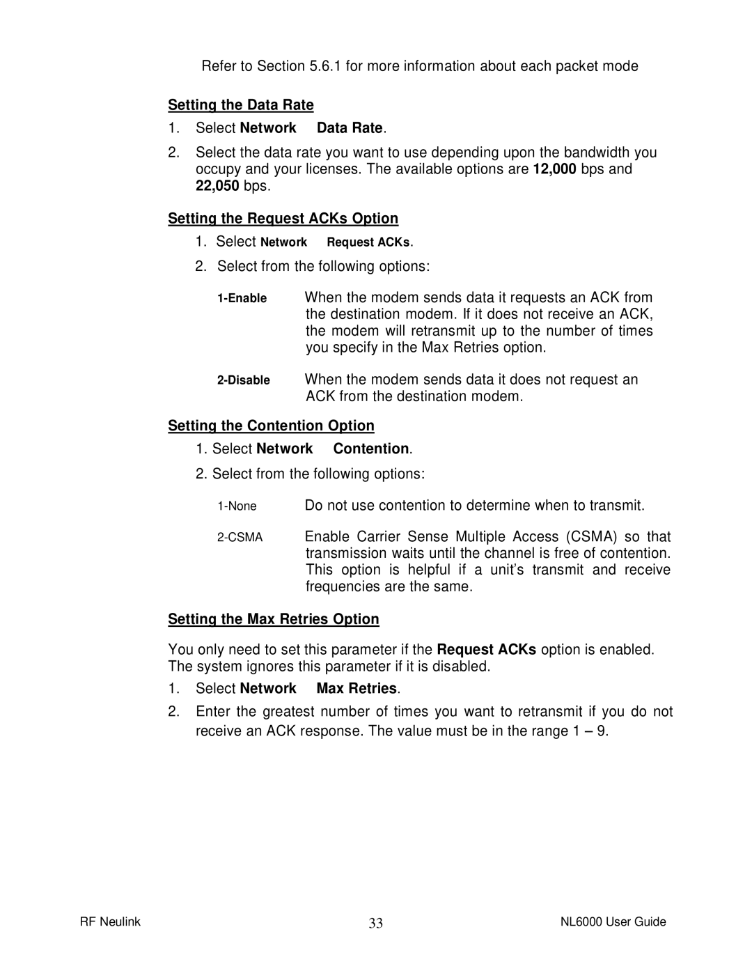 RF-Link Technology NL6000 manual Setting the Data Rate Select Network ä Data Rate, Setting the Request ACKs Option 