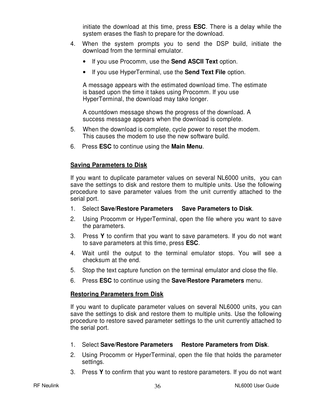 RF-Link Technology NL6000 manual Saving Parameters to Disk, Select Save/Restore Parameters ä Save Parameters to Disk 