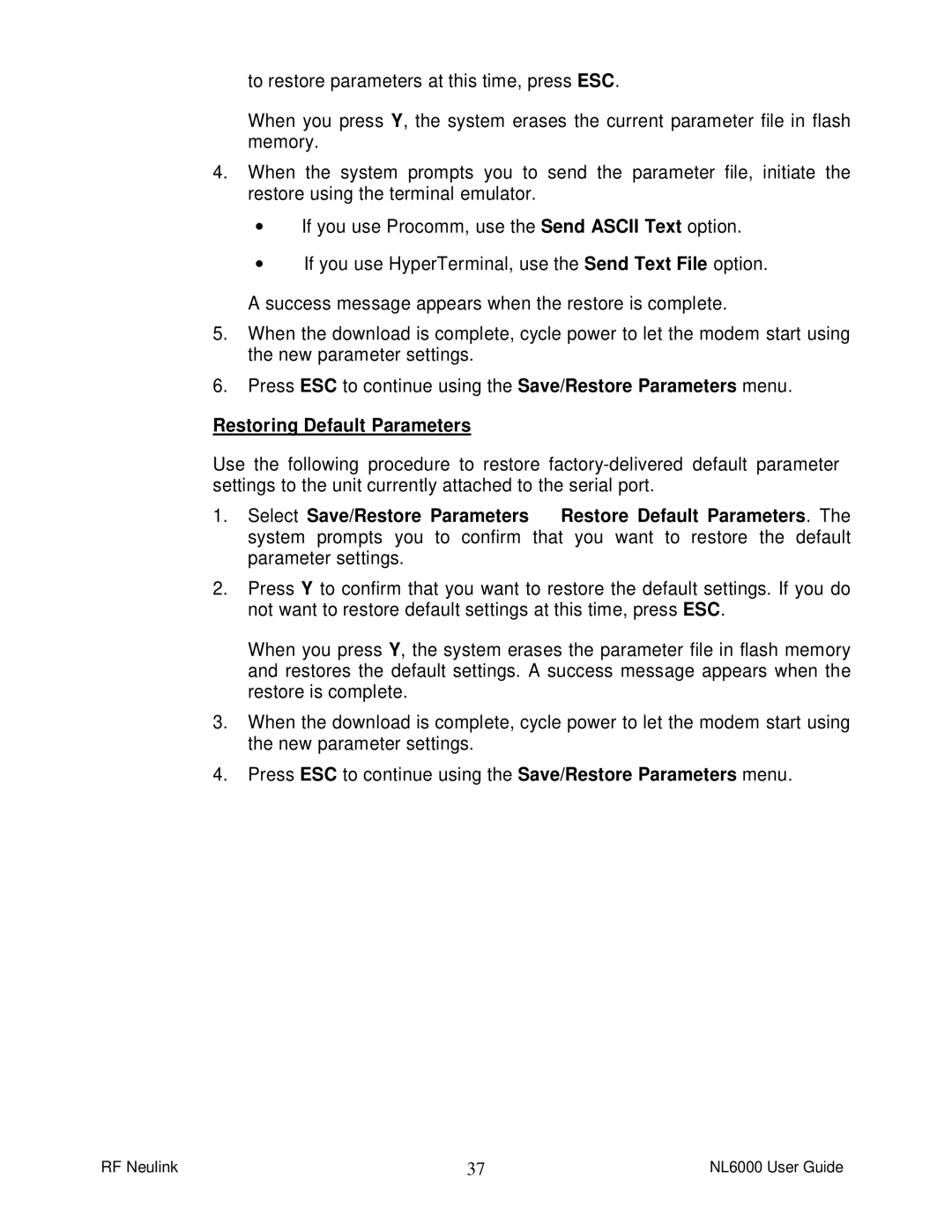 RF-Link Technology NL6000 manual Restoring Default Parameters 