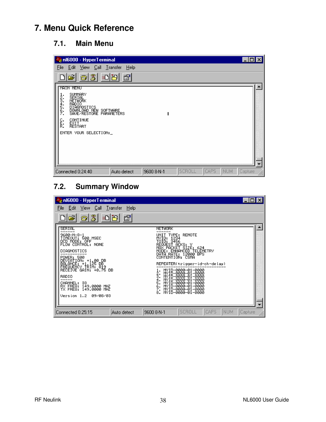 RF-Link Technology NL6000 manual Menu Quick Reference, Main Menu Summary Window 