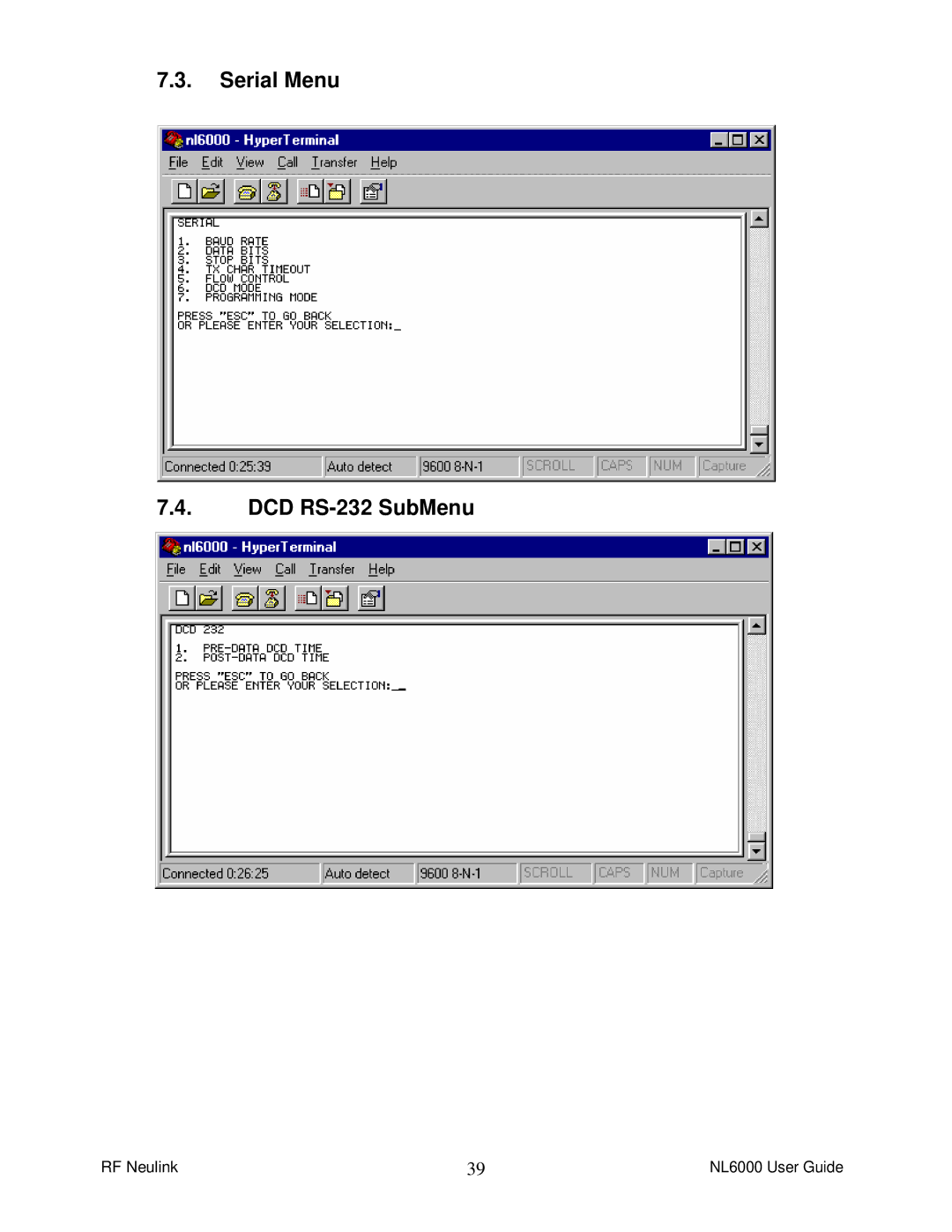 RF-Link Technology NL6000 manual Serial Menu DCD RS-232 SubMenu 