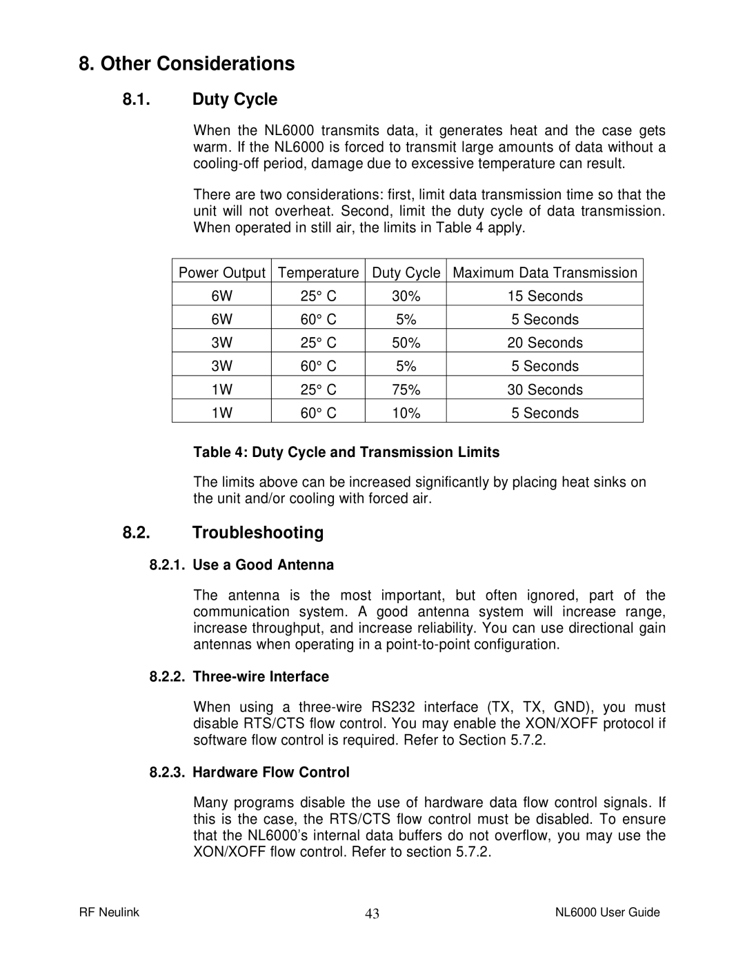 RF-Link Technology NL6000 manual Other Considerations, Duty Cycle, Troubleshooting 