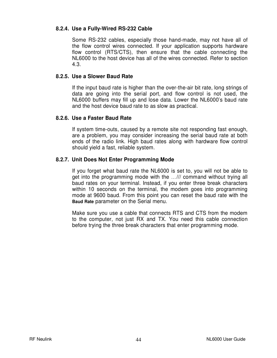 RF-Link Technology NL6000 manual Use a Fully-Wired RS-232 Cable, Use a Slower Baud Rate, Use a Faster Baud Rate 