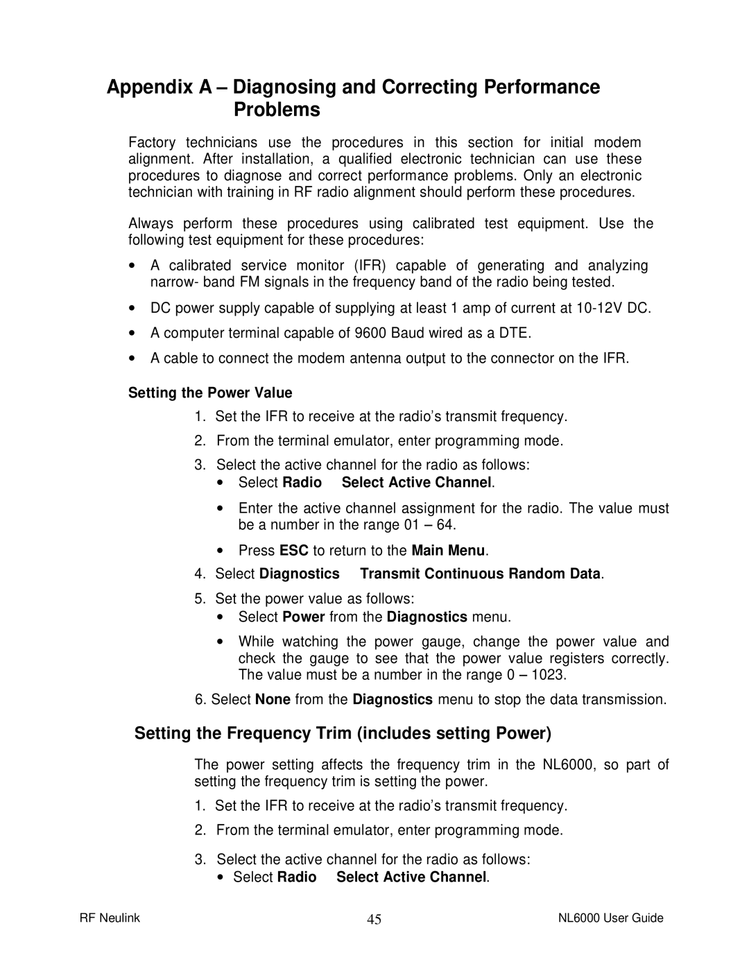 RF-Link Technology NL6000 manual Appendix a Diagnosing and Correcting Performance Problems, Setting the Power Value 