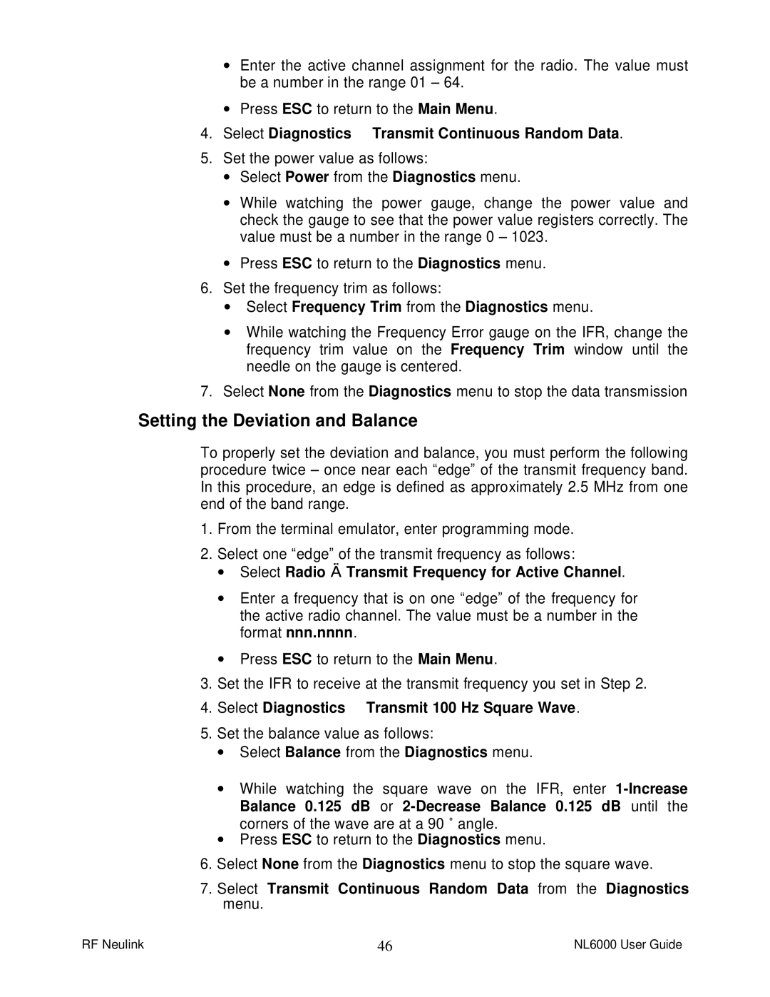 RF-Link Technology NL6000 manual Setting the Deviation and Balance, ∙ Select Frequency Trim from the Diagnostics menu 