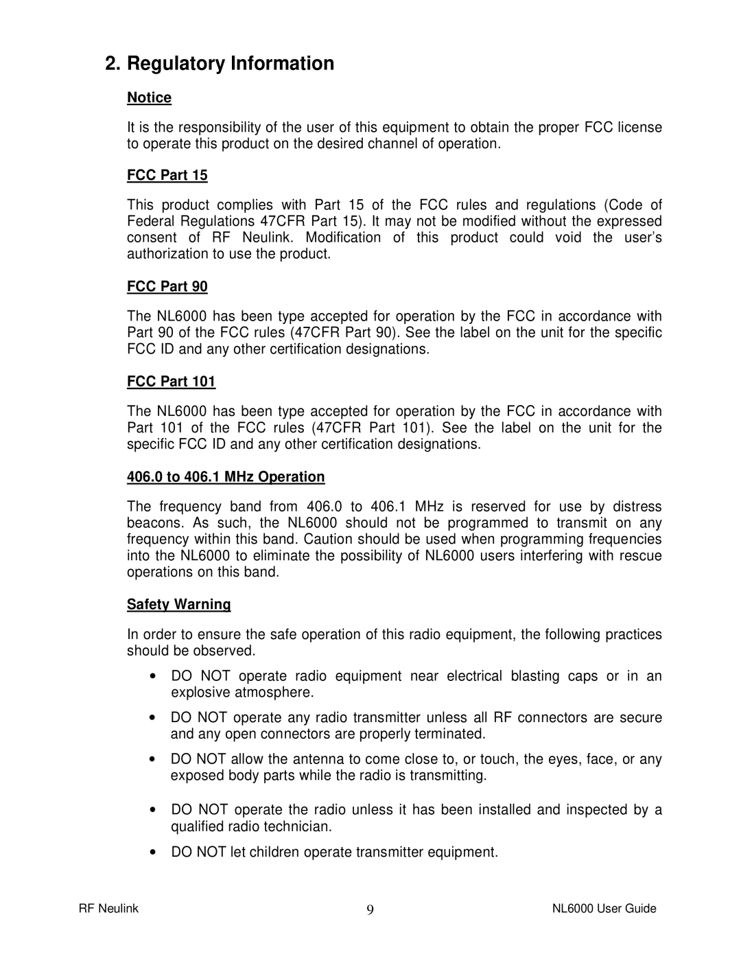 RF-Link Technology NL6000 manual Regulatory Information, FCC Part, 406.0 to 406.1 MHz Operation, Safety Warning 