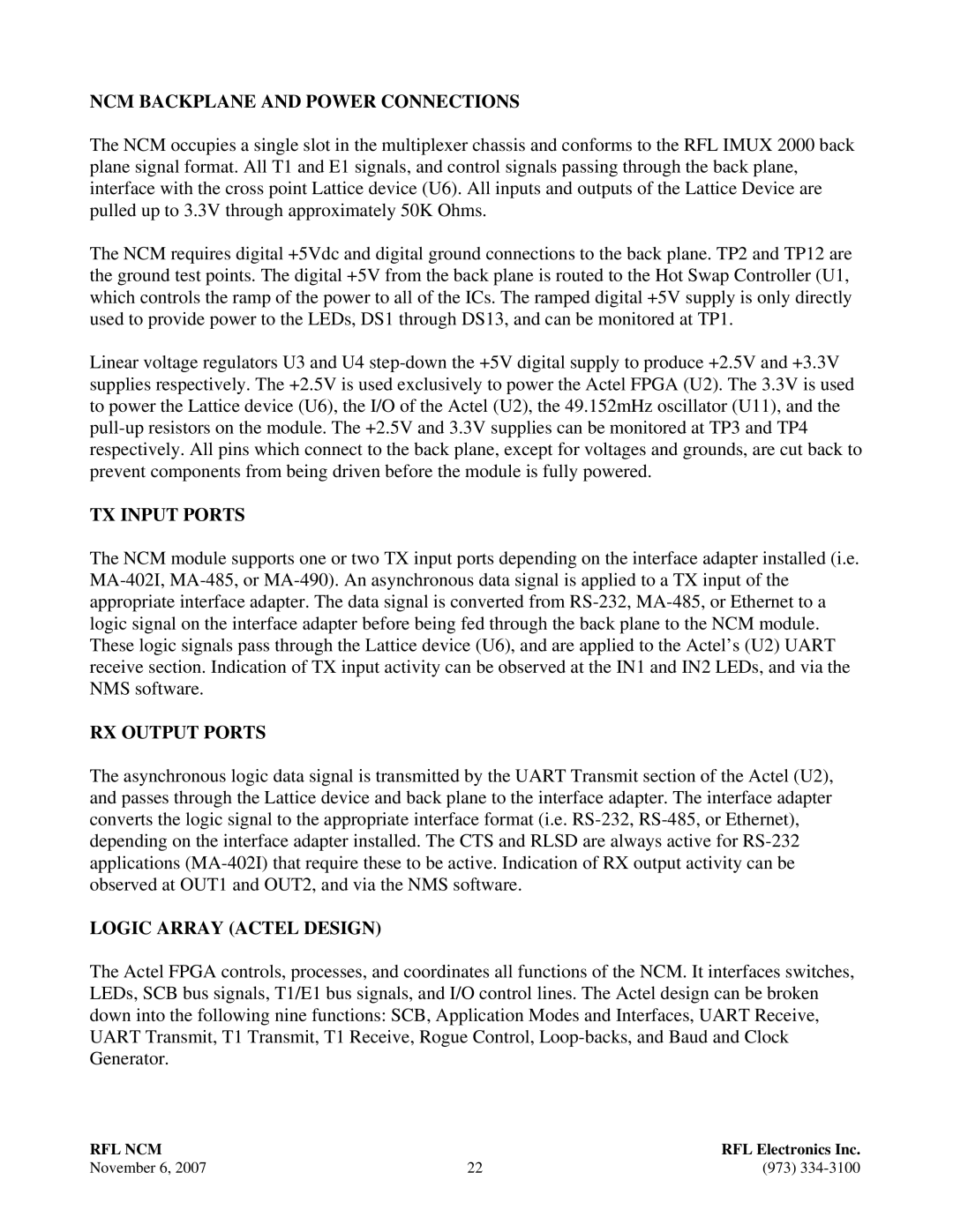 RF-Link Technology RFL NCM NCM Backplane and Power Connections, TX Input Ports, RX Output Ports, Logic Array Actel Design 