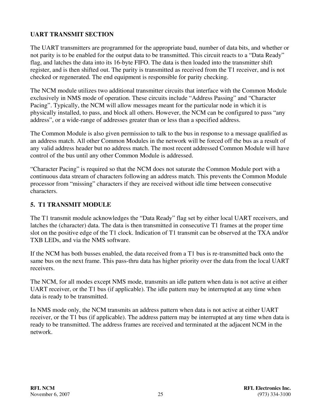 RF-Link Technology Network Communications Module, RFL NCM manual Uart Transmit Section, T1 Transmit Module 