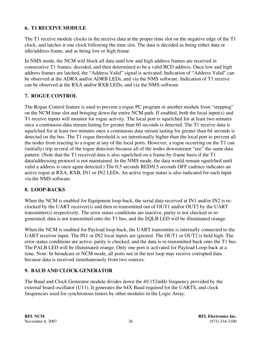 RF-Link Technology RFL NCM manual T1 Receive Module, Rogue Control, Loop-Backs, Baud and Clock Generator 