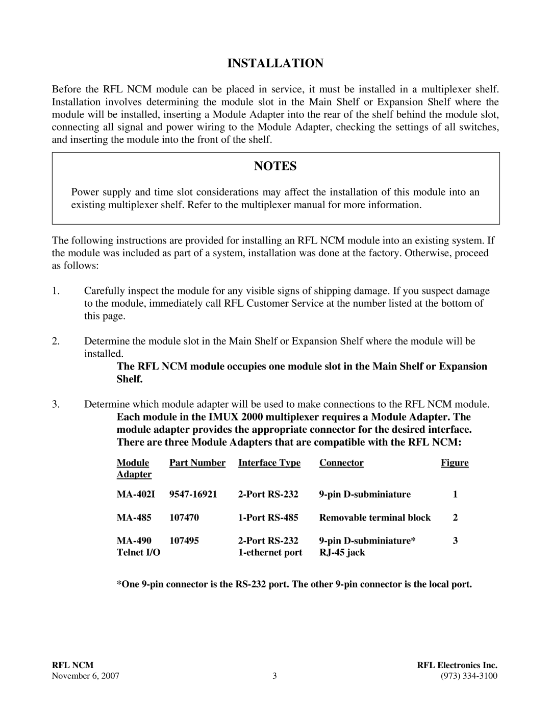 RF-Link Technology Network Communications Module, RFL NCM manual Installation 