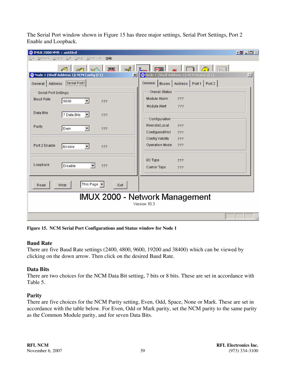 RF-Link Technology Network Communications Module, RFL NCM manual Baud Rate, Data Bits, Parity 