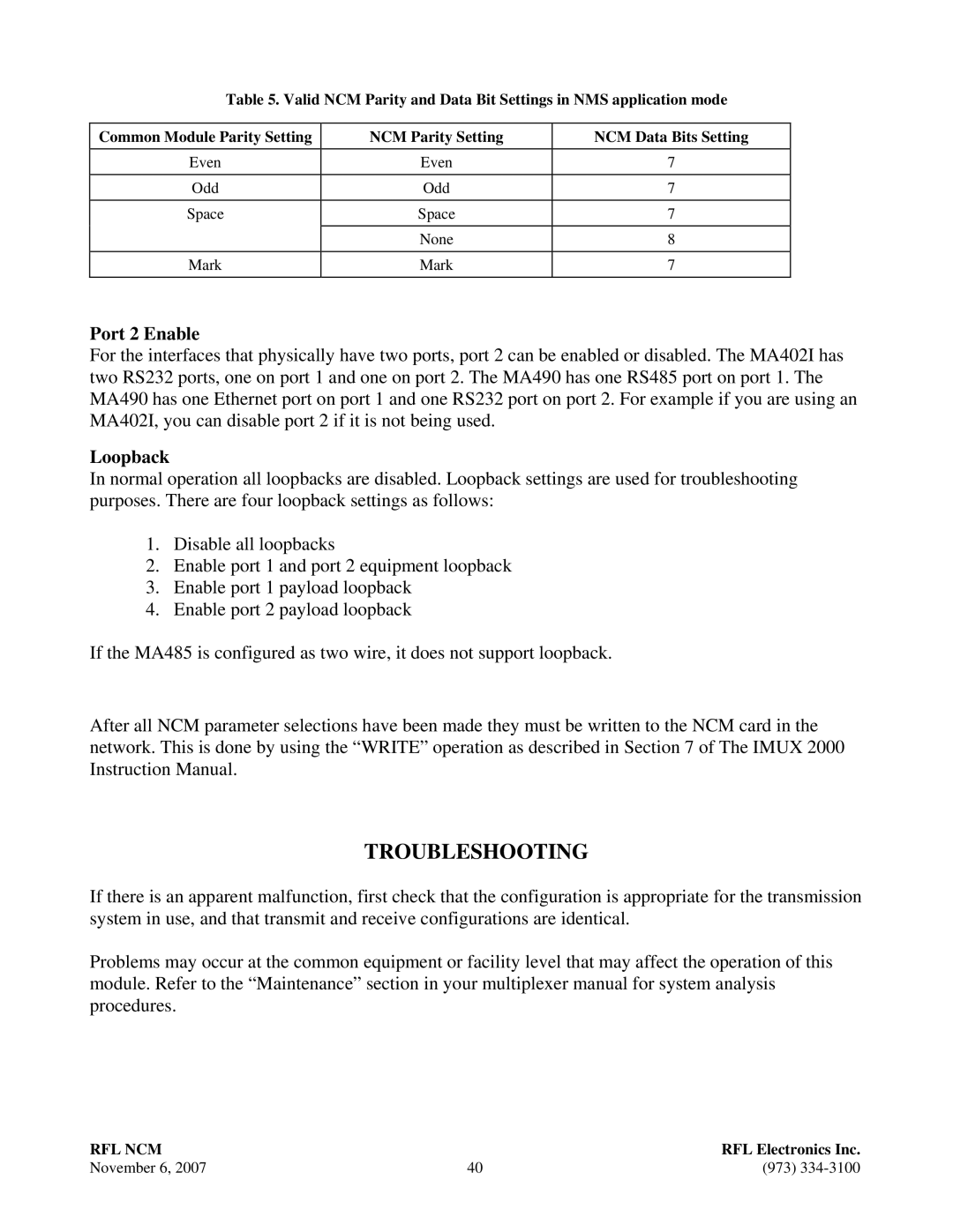 RF-Link Technology RFL NCM, Network Communications Module manual Troubleshooting, Port 2 Enable, Loopback 