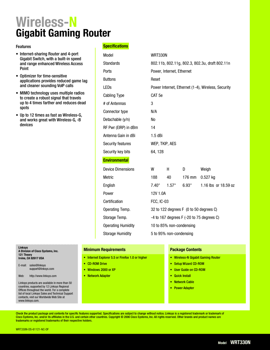 RF-Link Technology WRT330N manual Specifications, Environmental, Minimum Requirements Package Contents 