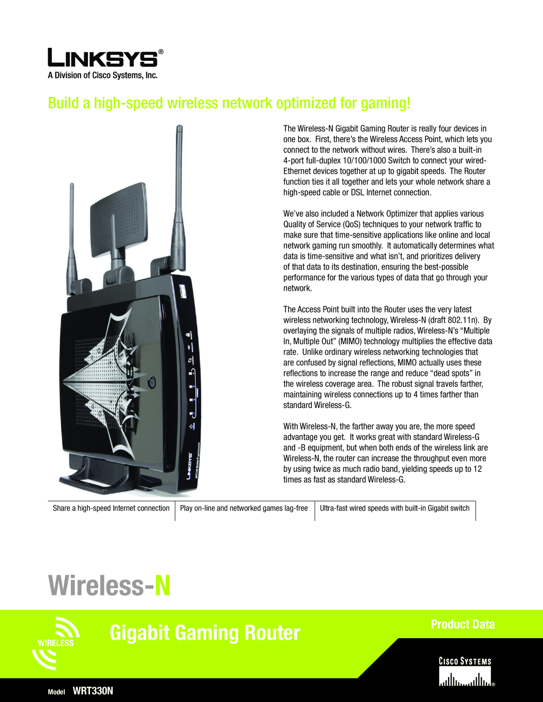 RF-Link Technology manual Wireless-N, Model WRT330N, Gigabit Gaming Router, Product Data 