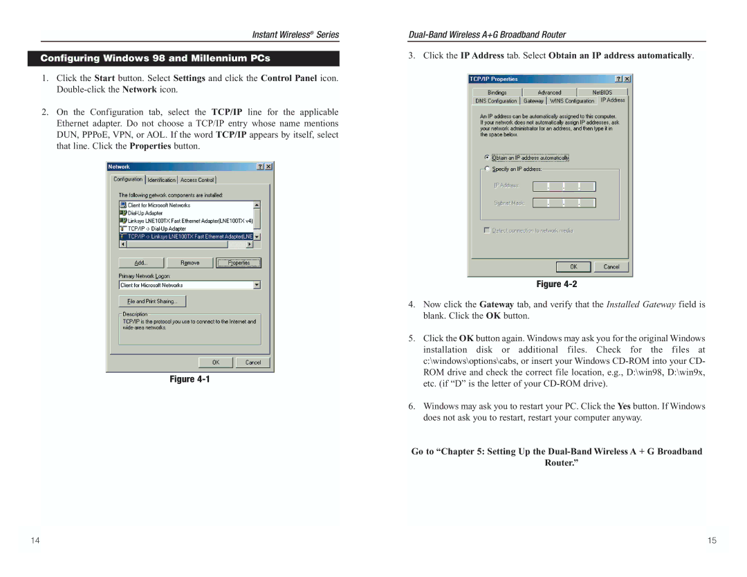 RF-Link Technology WRT55AG manual Configuring Windows 98 and Millennium PCs 