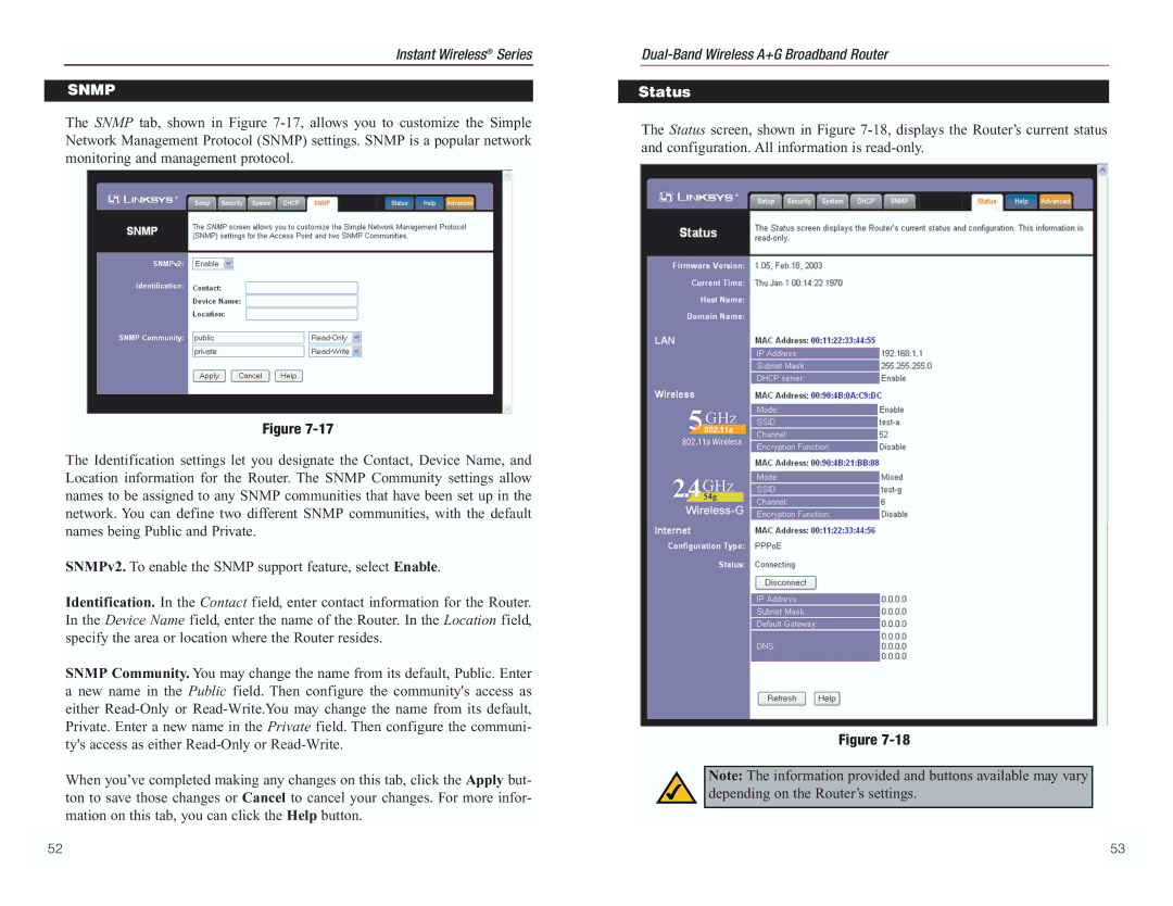 RF-Link Technology WRT55AG manual Snmp, Status 