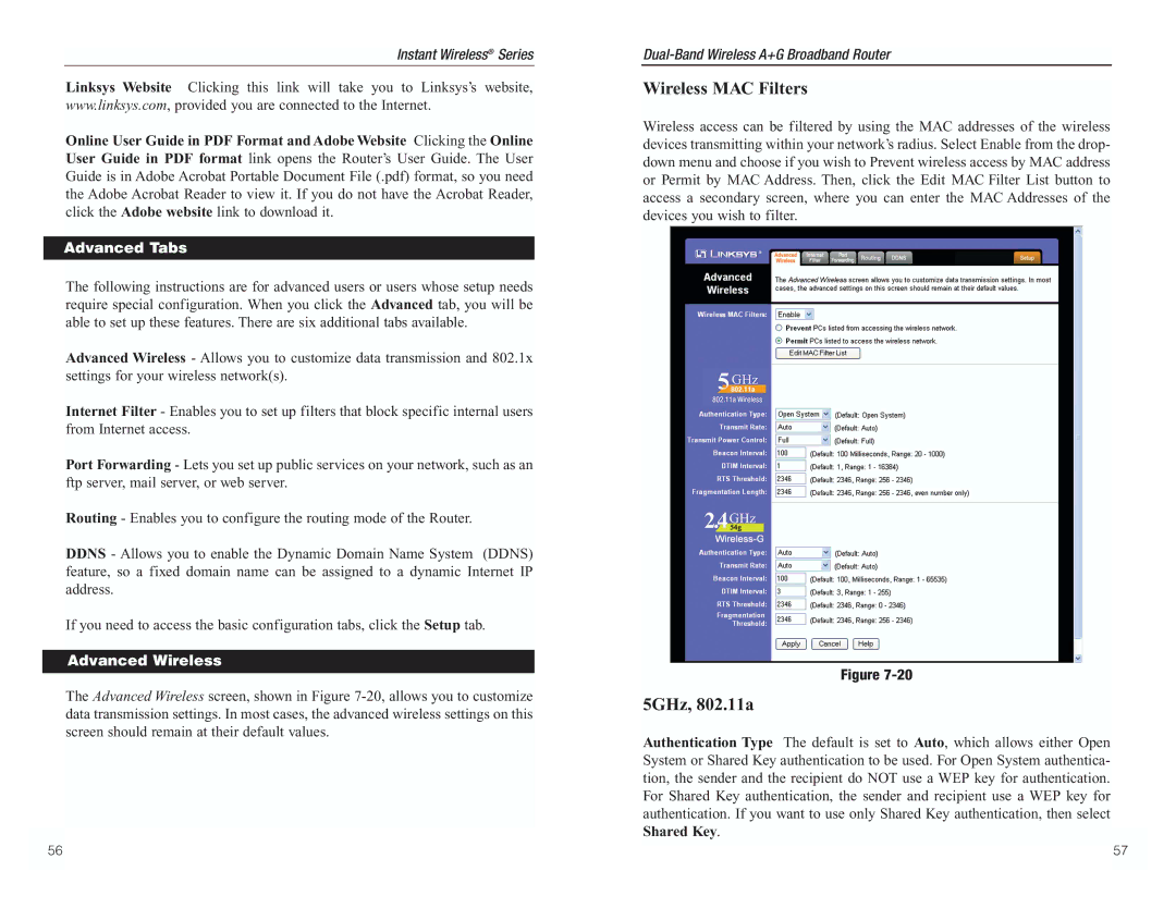 RF-Link Technology WRT55AG manual Advanced Tabs, Advanced Wireless 