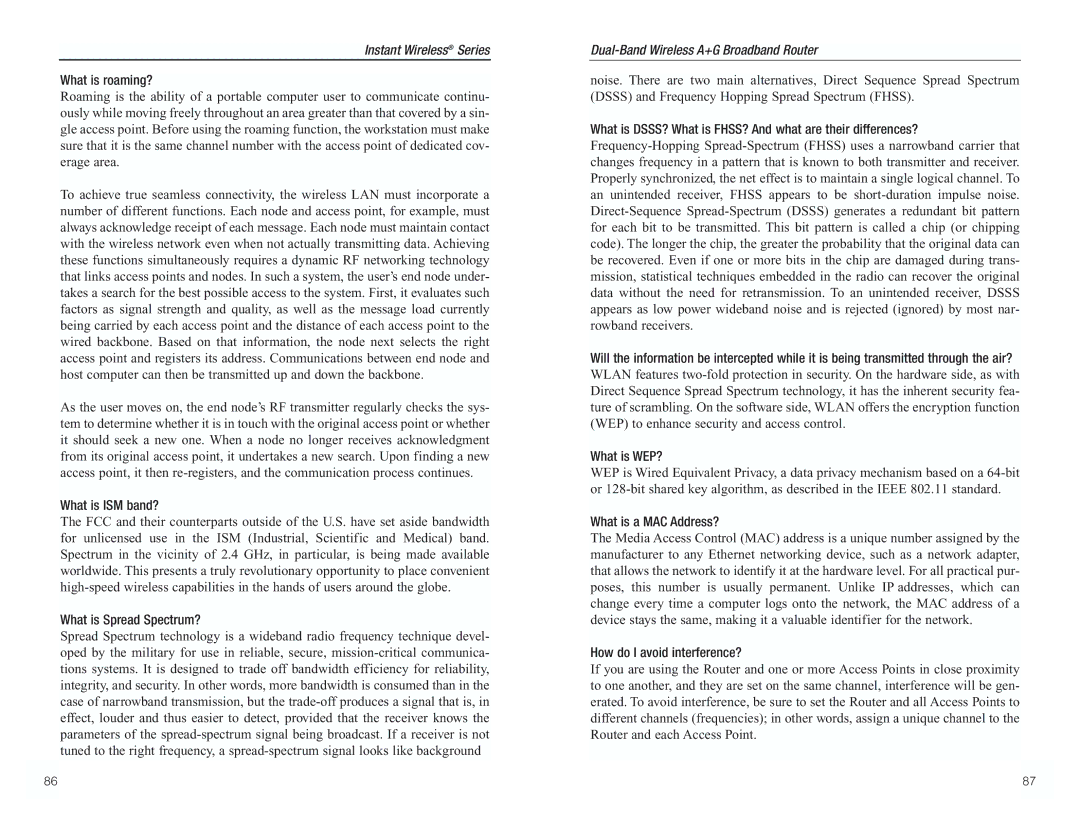 RF-Link Technology WRT55AG manual What is roaming?, What is ISM band?, What is Spread Spectrum?, What is WEP? 