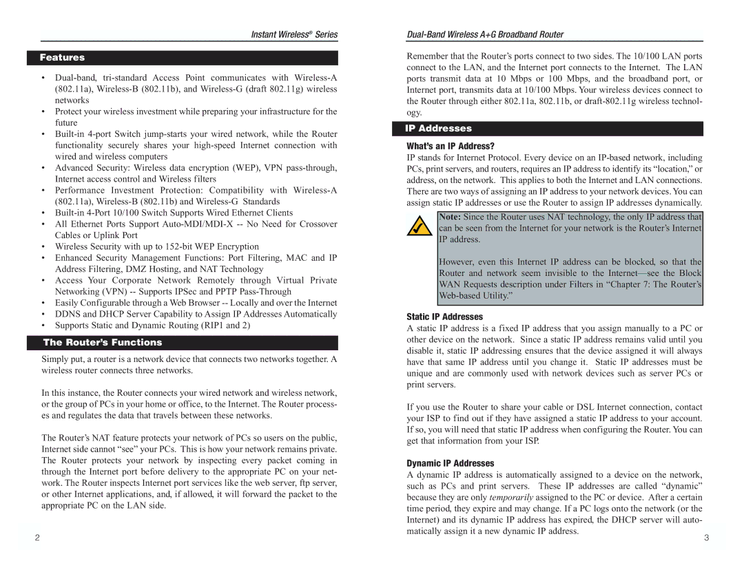 RF-Link Technology WRT55AG manual Features, Router’s Functions, IP Addresses 