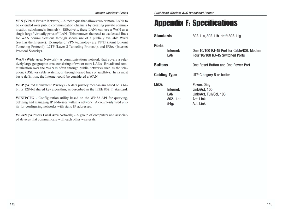 RF-Link Technology WRT55AG manual Appendix F Specifications, LEDs 